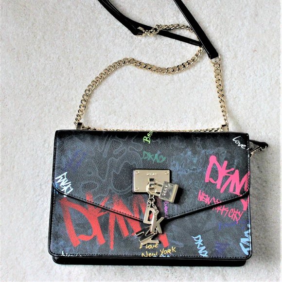 DKNY Graffiti Logo Pebble Leather Charm Crossbody - Picture 1 of 6